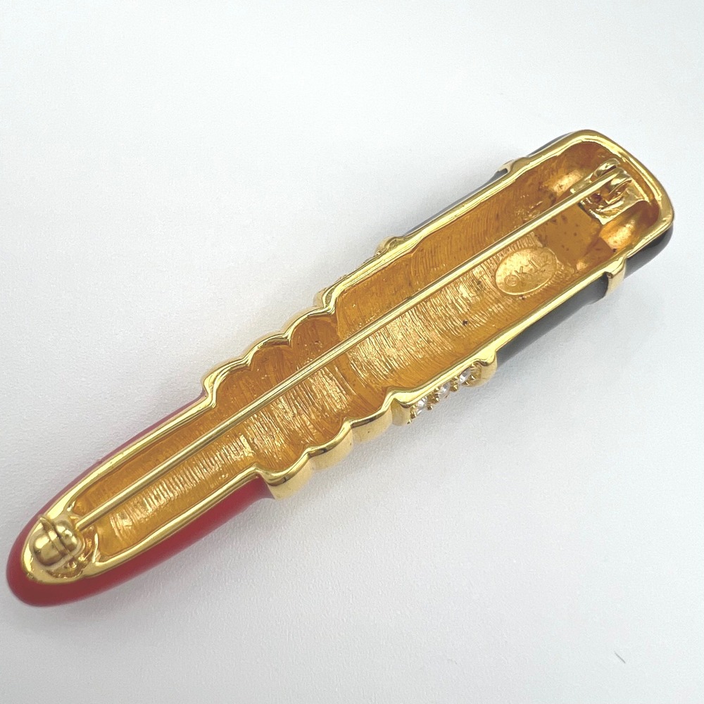Kenneth Jay Lane KJL Lipstick Brooch Red Black Enamel Rhinestone Gold Tone Pin - Picture 3 of 5